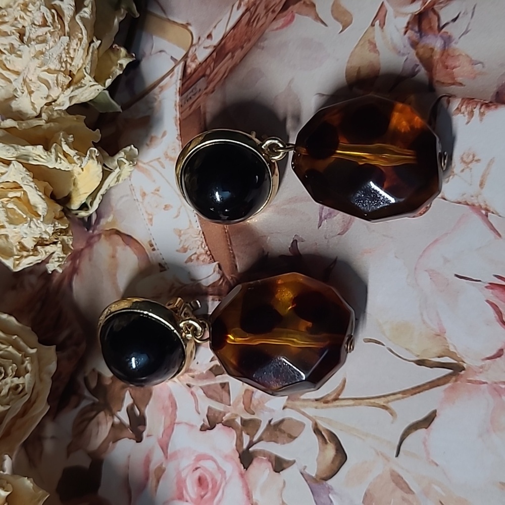 Dangle Drop Earrings Tiger Eye Chunky Clip On Amber Black Goldtone Statement - Picture 5 of 6